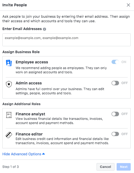 Assegnazione di ruoli del personale in Facebook Business Manager