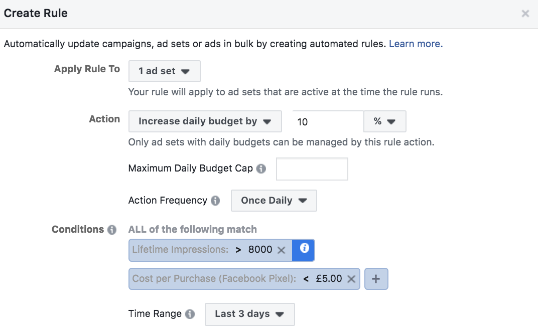 Facebook automated rules adjust budget on CPA